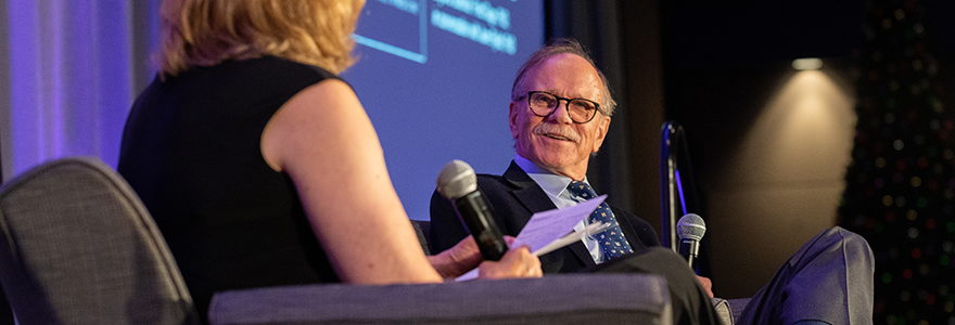 Jane Rylett, left, scientific director of the Institute of Aging at the Canadian Institutes of Health Research in conversation with Fred "Rusty" Gage, the 2024 J. Allyn Taylor International Prize in Medicine laureate.